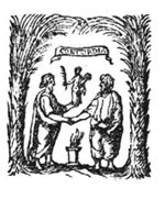 Two men shaking hands above an altar with a fire (Unity); the man on the left holds a statue of a figure (with a palm-branch and a cornucopia; two palm-trees; a banderole