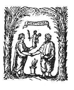 Two men shaking hands above an altar with a fire (Unity); the man on the left holds a statue of a figure (with a palm-branch and a cornucopia; two palm-trees; a banderole