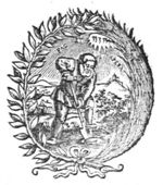 A man spading in a mountainous landscape; Jahweh-tetragram; a laurel-branch and a palm-branch as frame
