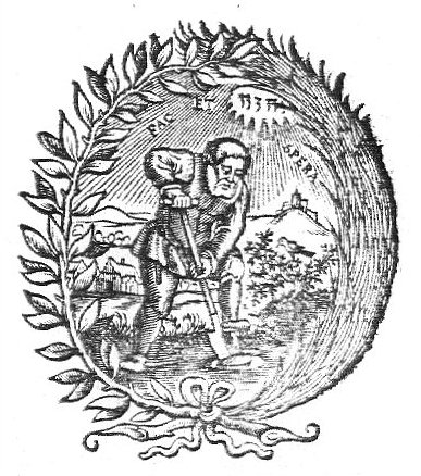 A man spading in a mountainous landscape; Jahweh-tetragram; a laurel-branch and a palm-branch as frame