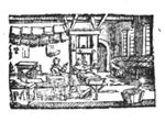 Two or three men at work in a printing office: one is working a press, a second one is rolling ink-balls, a type-setter seated at a typecase(?); sheets of paper hanging from a wire; monogram "P.M."