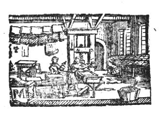 Two or three men at work in a printing office: one is working a press, a second one is rolling ink-balls, a type-setter seated at a typecase(?); sheets of paper hanging from a wire; monogram "P.M."