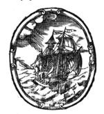 Wind blowing against a sailing-ship; decorated frame
