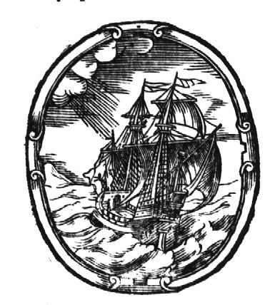 Wind blowing against a sailing-ship; decorated frame