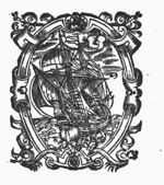 Sailing-ship; frame decorated with snails and snakes; initials "A.M."(?)