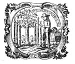 A man grafting a tree, a spade on the ground; an inscribed banderole; frame with floral ornament and initials "I.C."