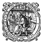 The historian Flavius Josephus, sitting in a study, writing; books on shelves; decorated frame