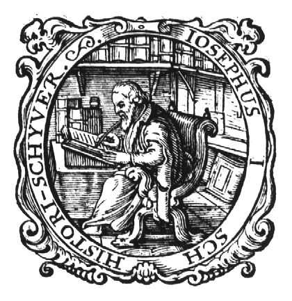 The historian Flavius Josephus, sitting in a study, writing; books on shelves; decorated frame