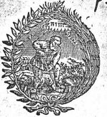 A man spading, in a landscape; Jahweh-tetragram; a laurel-branch and a palm-branch as frame