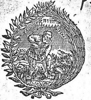A man spading, in a landscape; Jahweh-tetragram; a laurel-branch and a palm-branch as frame