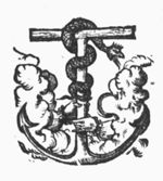 Two hands clasping a mixture of tau-cross and anchor around which a snake is coiled