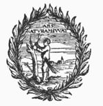 A man grafting a tree; a spade against the tree; laurel-wreath as frame