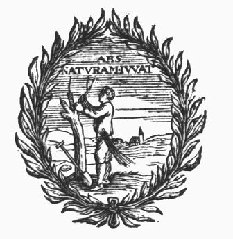 A man grafting a tree; a spade against the tree; laurel-wreath as frame