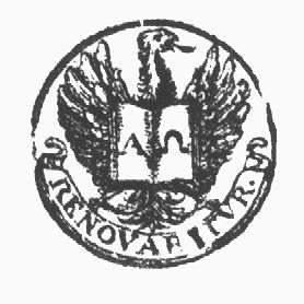 Eagle holding an open book with the letters Alpha and Omega; banderole with inscription as frame