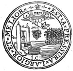 A hand working a press, wine flowing into a wooden tub; a hand from the clouds holding a branch with a bunch of grapes; a Jaweh-tetragram; a vineyard; initials "I.C."; frame with inscription
