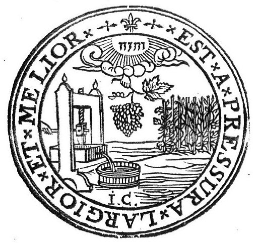 A hand working a press, wine flowing into a wooden tub; a hand from the clouds holding a branch with a bunch of grapes; a Jaweh-tetragram; a vineyard; initials "I.C."; frame with inscription