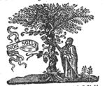 Man picking a bunch of grapes off a vine, winding itself round a tree; banderole