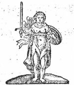 Standing woman holding a sword and shield (personification?)