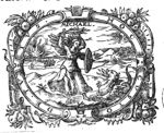 Saint Michael fighting the dragon, in the background a hilly landscape with a burning city on one side and an army camp(?) on the other; frame decorated with festoons and hourglass