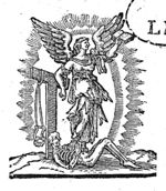 Allegory on the Christian Religion: a winged woman holding an open book and leaning against a tau-shaped cross; a bit hanging on one arm of the cross; a skeleton, symbolizing Death, below the feet of the woman