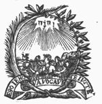 An angel holding a laurel in each hand; a Jahweh-tetragram; branches with inscribed banderole as frame; monogram "M.S."