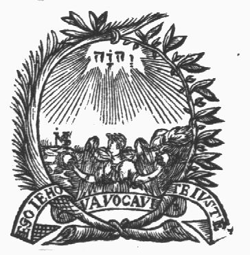 An angel holding a laurel in each hand; a Jahweh-tetragram; branches with inscribed banderole as frame; monogram "M.S."