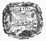 Landscape with windmill; rose-bush; inscribed banderole; wreath as frame