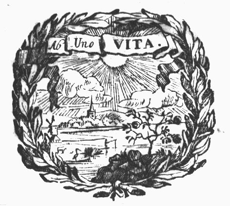 Landscape with windmill; rose-bush; inscribed banderole; wreath as frame