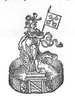 Minerva (Aegis, helmet, lance with the coat of arms of Leiden) holding an open book, standing on a pedestal within a closed garden (Minerva as patroness of the University of Leiden)