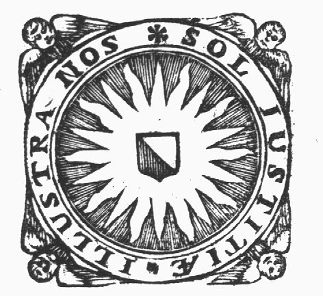 Symbol of Utrecht university: coat of arms surrounded by the sun; frame with cherubs