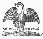 An ostrich spreading its wings, holding a horseshoe in its beak