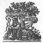 Old man sitting on the ground below a tree, reading; beside him on the ground: an armillary sphere, a quadrant, an ink-well and a quill, an open book, and a Jacob's staff; banderole