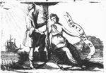 A man holding a sickle and a young tree, standing next to Hope (a woman, sitting on an anchor, holding a banderole) - who is also holding the tree; simultaneously the sun is shining and rain is falling; in the background: a man sowing and a ship at sea