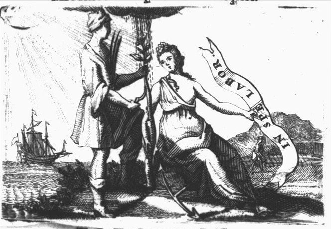 A man holding a sickle and a young tree, standing next to Hope (a woman, sitting on an anchor, holding a banderole) - who is also holding the tree; simultaneously the sun is shining and rain is falling; in the background: a man sowing and a ship at sea
