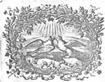 Two doves courting in sunshine, vine-tendrils with bunches of grapes twisted around branches frame the scene; ornamental ribbon