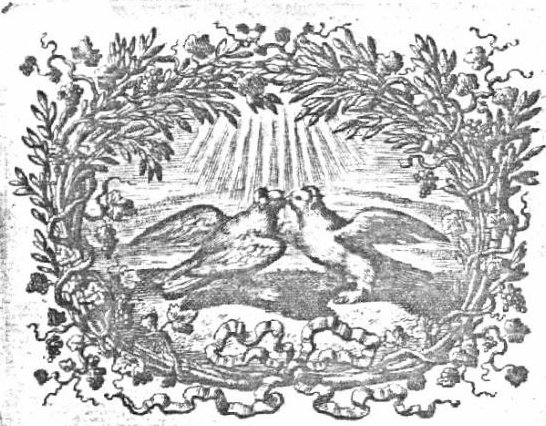 Two doves courting in sunshine, vine-tendrils with bunches of grapes twisted around branches frame the scene; ornamental ribbon