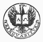 Eagle holding an open book with the letters Alpha and Omega; banderole