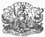 Personification of the province of Friesland: sitting woman, holding a palm-branch, 'giving birth to' books in her lap, coat of arms of Friesland (two lions) next to her; banderoles with inscription