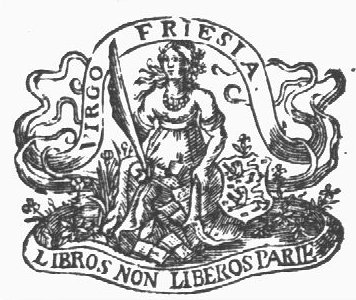 Personification of the province of Friesland: sitting woman, holding a palm-branch, 'giving birth to' books in her lap, coat of arms of Friesland (two lions) next to her; banderoles with inscription