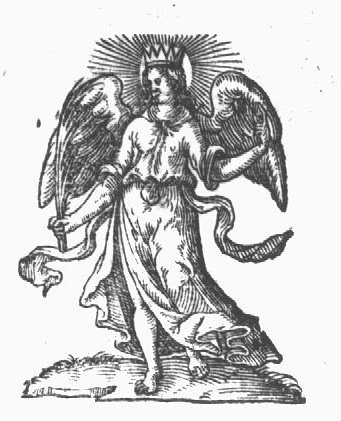 An angel wearing a crown and holding a palm-branch