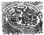 A hand from the clouds holding flowers over a landscape with a tree; banderole with inscription
