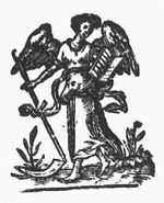 An angel holding a scythe and an open book