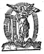 Allegory on the Christian Religion: a winged woman holding an open book and leaning against a tau-shaped cross; a bit hanging on one arm of the cross; a skeleton, symbolizing Death, below the feet of the woman