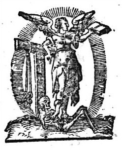 Allegory on the Christian Religion: a winged woman holding an open book and leaning against a tau-shaped cross; a bit hanging on one arm of the cross; a skeleton, symbolizing Death, below the feet of the woman