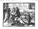 Sitting man, holding a large vase, tapping the vase with his hand and listening to the sound; musical instruments; landscape; inscribed banderole