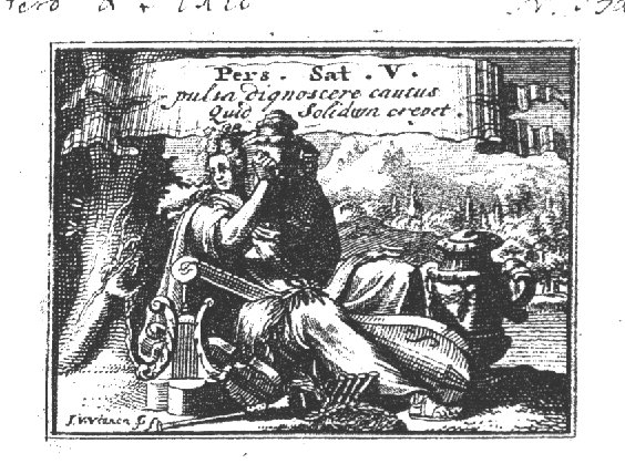 Sitting man, holding a large vase, tapping the vase with his hand and listening to the sound; musical instruments; landscape; inscribed banderole
