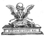 A pedestal with a turtle; on top of the turtle: an hourglass with wings at its sides and a skull on top