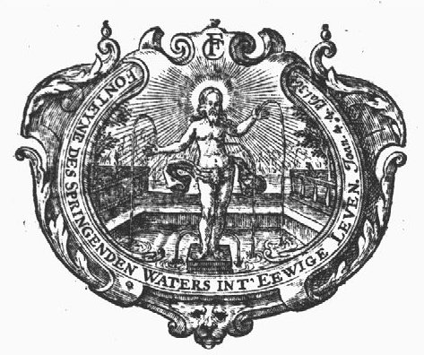 Christ standing in a fountain (Dutch: 'fontein') in a garden setting, shedding his blood; decorated frame with monogram "C.F."