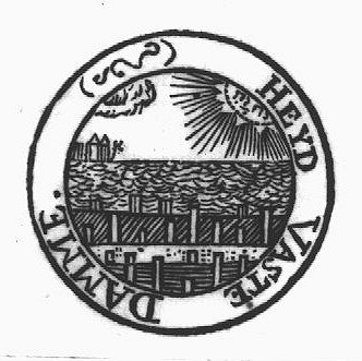 Lake with a dam (Dutch: 'dam'); sun with Jahweh-tetragram(?)