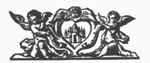 Castle in a decorated frame that is topped by a cherub and held at both sides by a putto